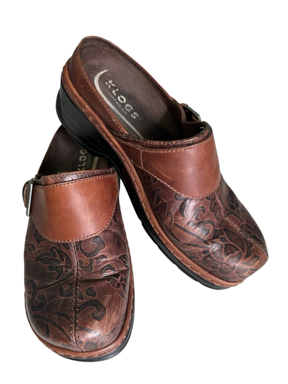 Klogs Austin Brown Flower Tooled Leather Comfort Clogs Shoes Women's Size 7W